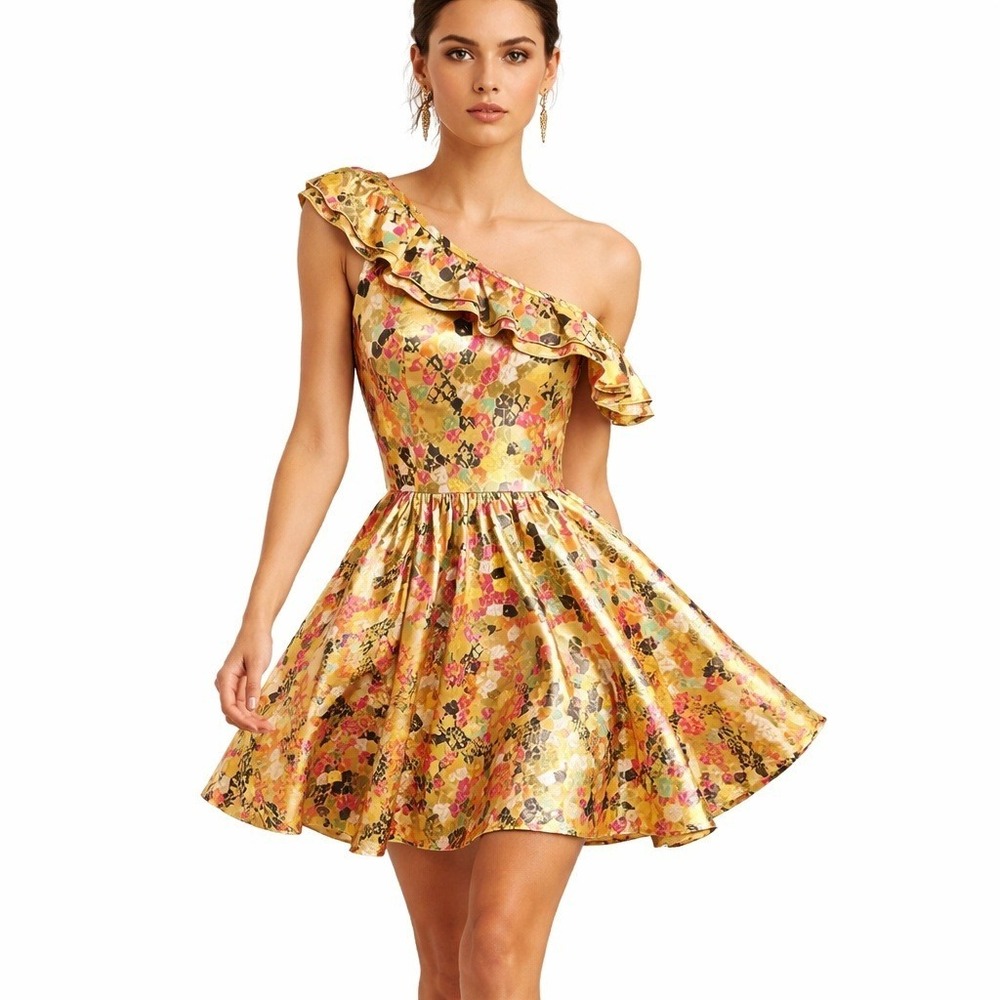 Kensie One Shoulder Dress 2 Gold Abstract Floral Maximalist Regencycore‎ Wedding